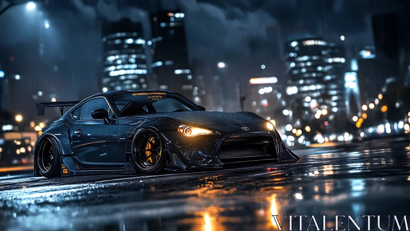 Midnight tuner beast prowls through neon soaked city rain.