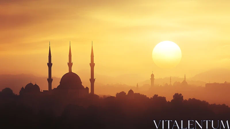 Golden mosque silhouette under expansive sunrise sky.