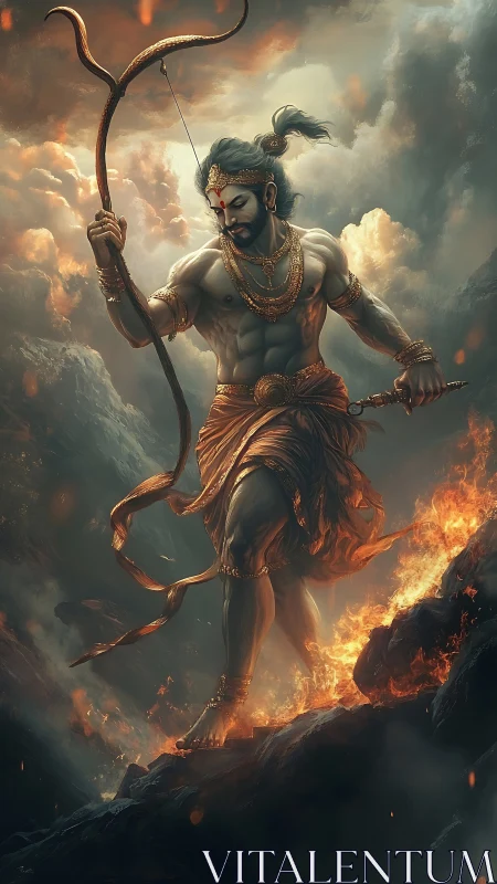 Stormlit warrior god striding through rivers of fire.