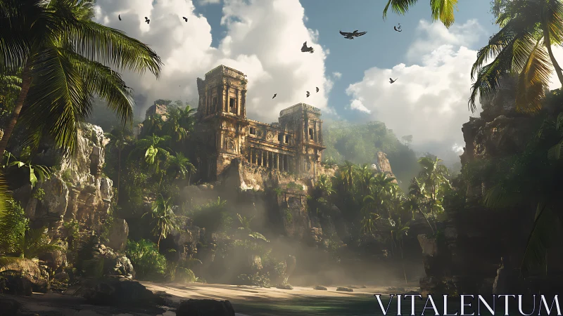 Abandoned Palace Structure Within Tropical Canyon Environment