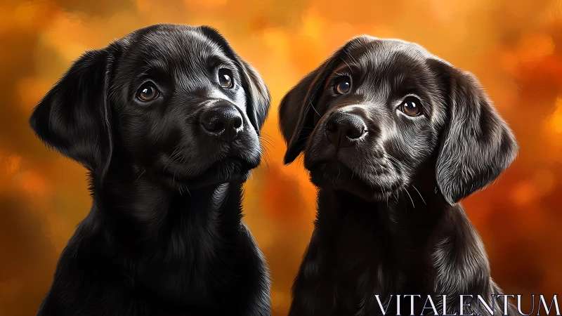 Two black Labrador puppies against blurred orange backdrop.