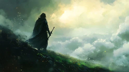 Fantasy ranger silhouette overlooking luminous cloud sea.