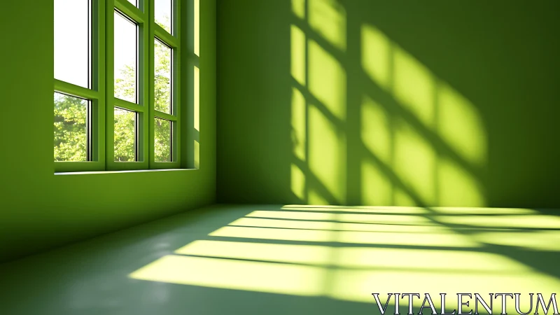 Green interior corner with window light grid shadows.
