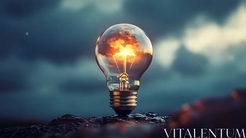 Storm-lit glass bulb cradling a molten sunrise of ideas.