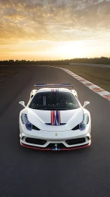 Front-on track capture of white GT supercar at sunrise.