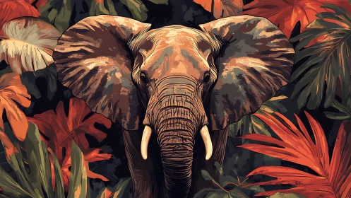 Elephant portrait framed by bold tropical jungle foliage.