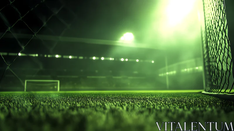 Floodlit soccer goalmouth with vivid green turf at night.