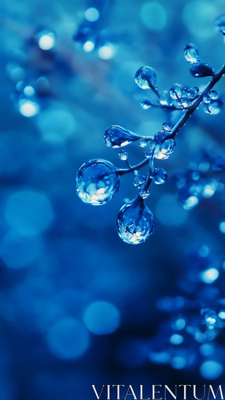 Droplets hang like tiny crystal lanterns in electric blue twilight