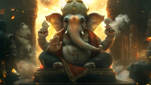 Elephant-headed seated deity rendered in detailed digital form