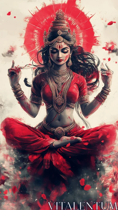 Fiery red goddess in meditative levitation with halo.