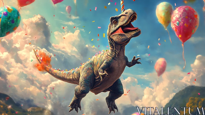 Whimsical Dinosaur Flying Through Clouds and Balloons