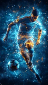 Digital soccer figure with blue and orange energy effects.
