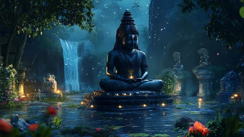 Meditating stone deity sits in flooded jungle shrine at dusk