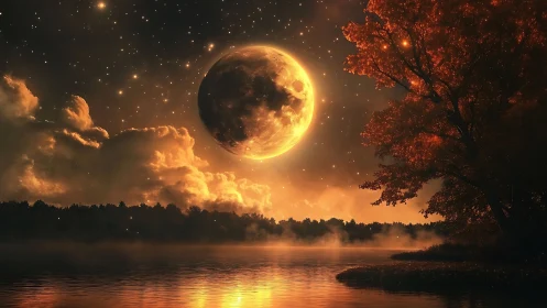 Cinematic harvest moon rising over misty lakeside forest