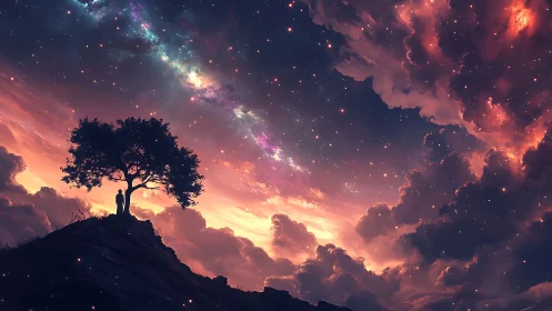 Digital painting of lone figure under cosmic dusk skyscape.