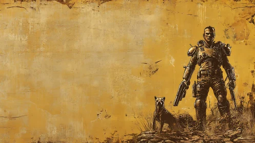 Armored figure with dog stands against textured yellow field