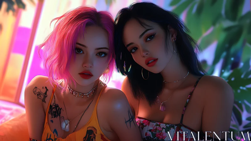 Neon-lit duo in tropical glow with cinematic close-up portrait.