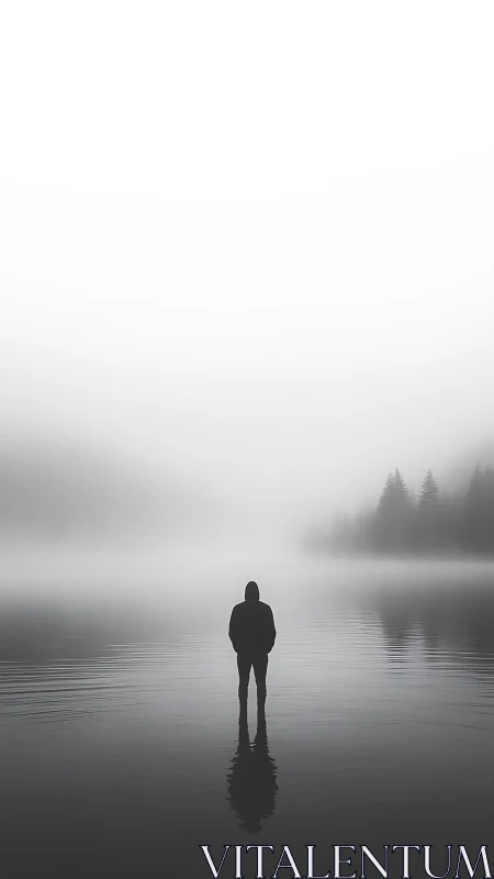 Isolated hooded figure in fog-laden lacustrine environment.