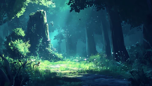 Enchanted Forest Clearing with Towering Trees and Luminous Light.