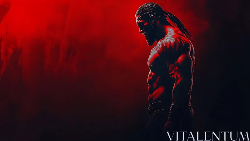 Muscular warrior profile in red volumetric shadow field.