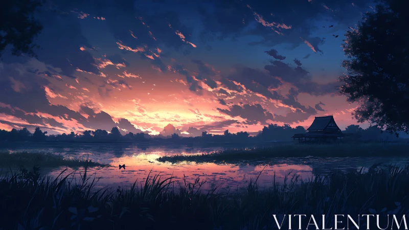 Twilight lakeside pavilion under vivid magenta cloud bands.