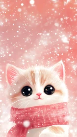 Fluffy White Kitten in Pink Scarf, Sparkling Winter Background