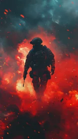 Soldier silhouette in dense red smoke and falling embers.