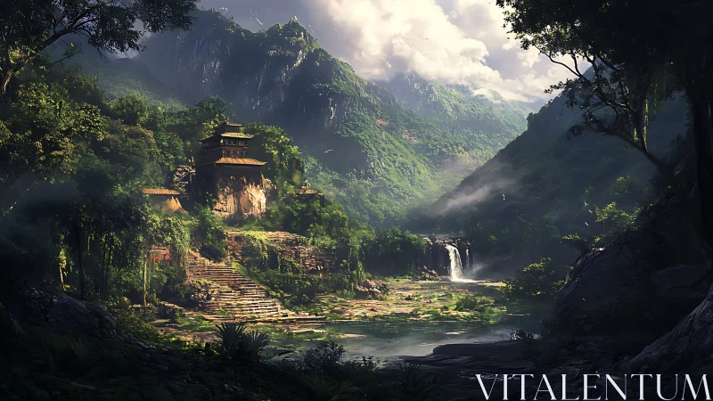 Ancient stepped temple stands in dense jungle valley landscape
