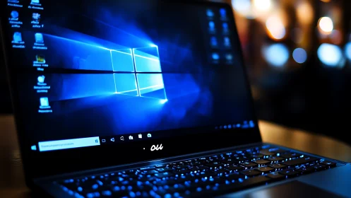 Windows laptop on desk with illuminated keyboard at night.
