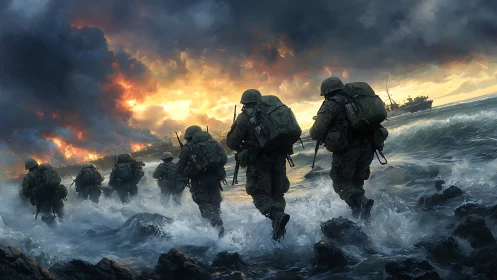 Amphibious infantry assault under turbulent surf and incendiary sky