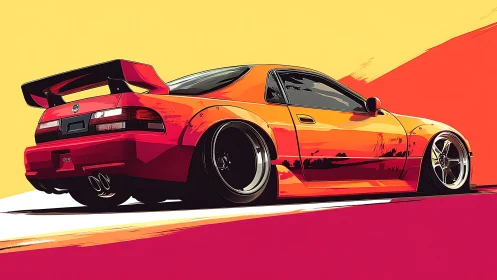 Modified sports car glows against bold sunset gradients.