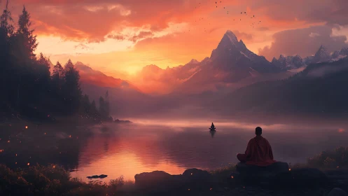 Monk meditates beside misty lake under blazing mountain sunset