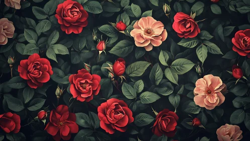 Botanical Rose Garden Composition with Layered Depth.