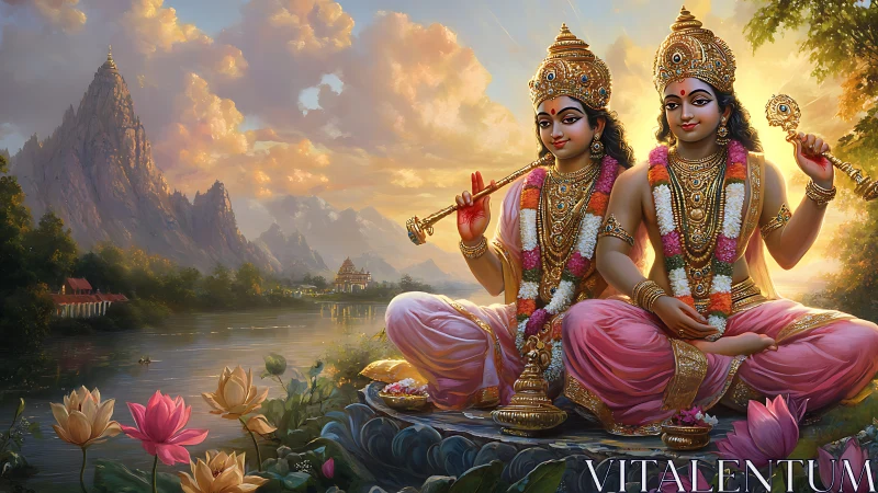 Divine Hindu deities seated by river in lotus landscape.