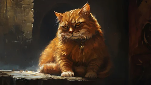 Golden Persian Cat with Bell Collar in Dramatic Chiaroscuro Setting