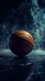 Solitary basketball crowned by smoky arena spotlight glow.