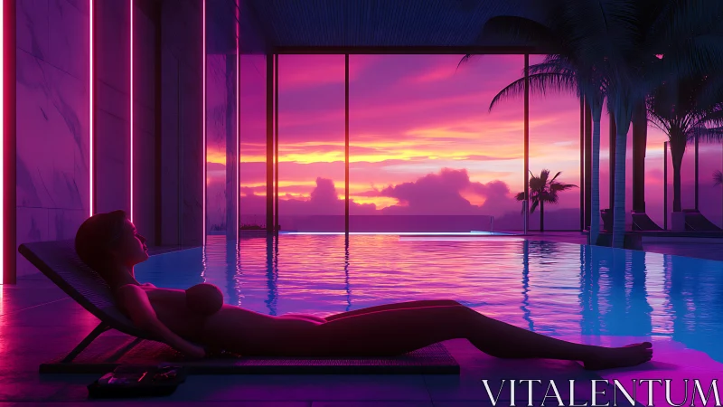 Neon-lit infinity pool scene glows under vivid sunset skies.