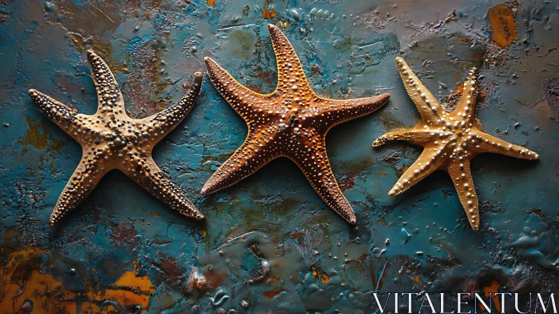 Starfish trio resting on a weathered tidepool canvas.
