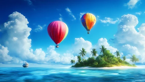 Colorful Hot Air Balloons Floating Above Tropical Island Paradise.