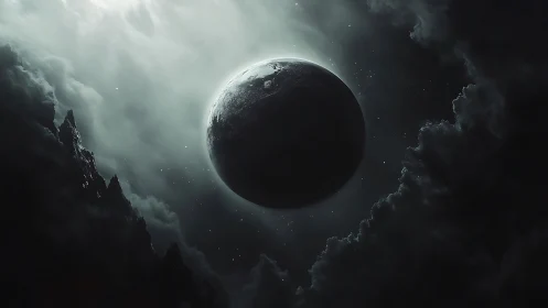 Quiet moonlit world embraced by stormy cosmic clouds.