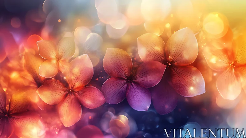 Digital floral blossoms float over colorful bokeh background