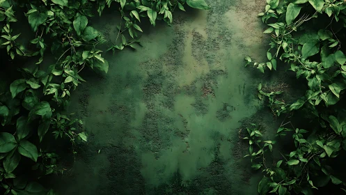 Verdant ivy framing a textured moss-green plaster wall surface
