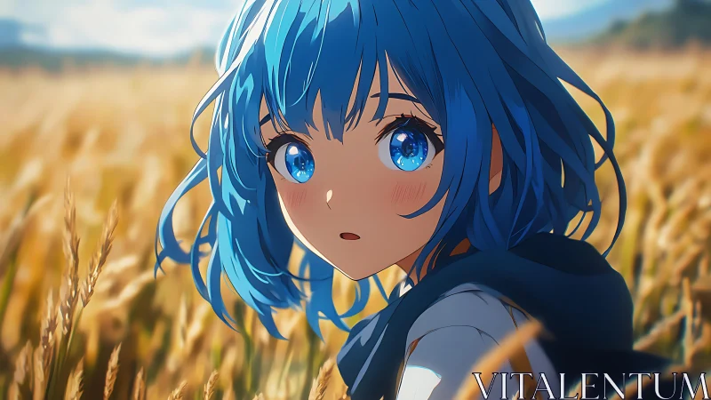 Blue haired anime girl gazes softly across a golden wheat field