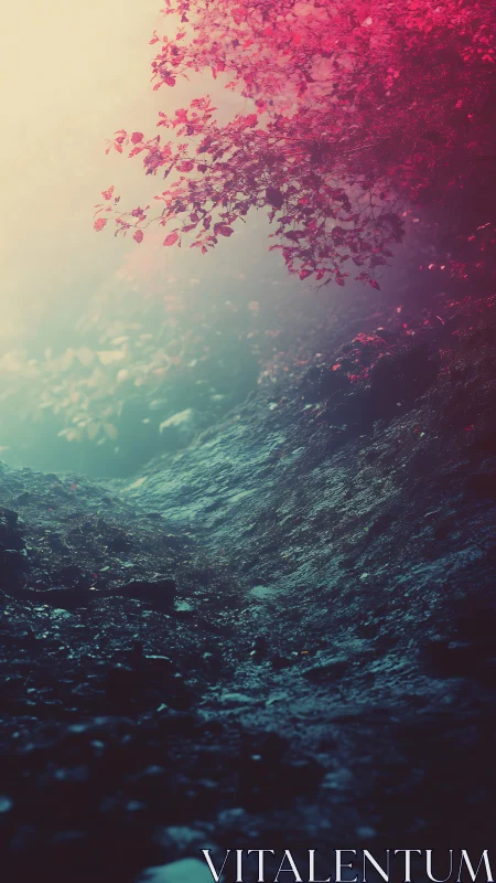 Moody forest slope with pink foliage in soft light.