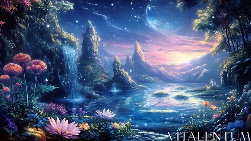 Enchanted lunar valley with glowing waterfall and flowers.