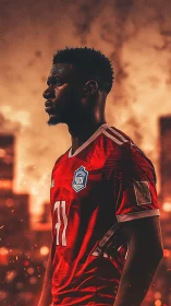 Fire-lit football warrior in scarlet kit against burning dusk.