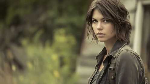 Moody young woman stands outdoors in soft cinematic light