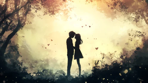 Silhouetted couple kissing amid golden forest light