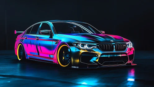 Neon-wrapped BMW sports sedan glows in futuristic studio.