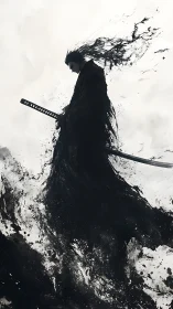 Shadowed warrior walks through swirling ink and quiet storm